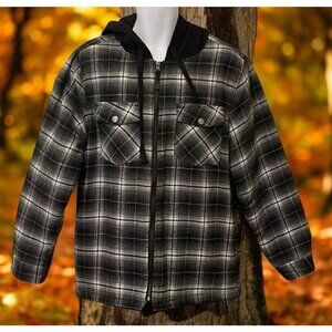 RQQBA Womens Plaid Front Zip Plaid Hood Jacket Size L Black White Front Pockets